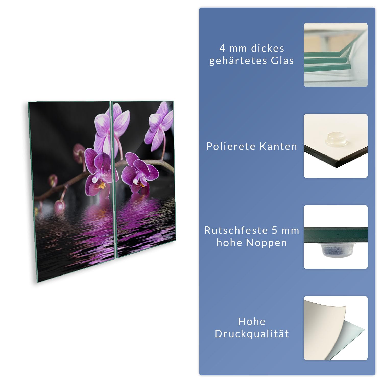 Herdabdeckplatte Abdeckung Ceranfeld Abdeckplatte Schneidebrett 2-Teilig 60x52 Orchidee Lila Spritzschutz Glasplatte Ceranfeldabdeckung Schutz Herdschutz Sicherheitsglas Glasschneidebrett 2x30x52