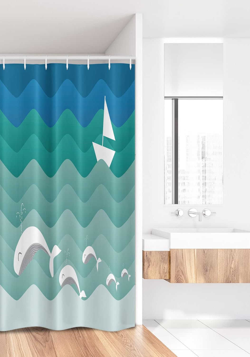 Ambesonne Nautical Stall Shower Curtain, Theme Paper Boat Sea Happy Dolphins Underwater Animals Ocean, Fabric Bathroom Decor Set with Hooks, 36" W x 72" L, Teal Blue