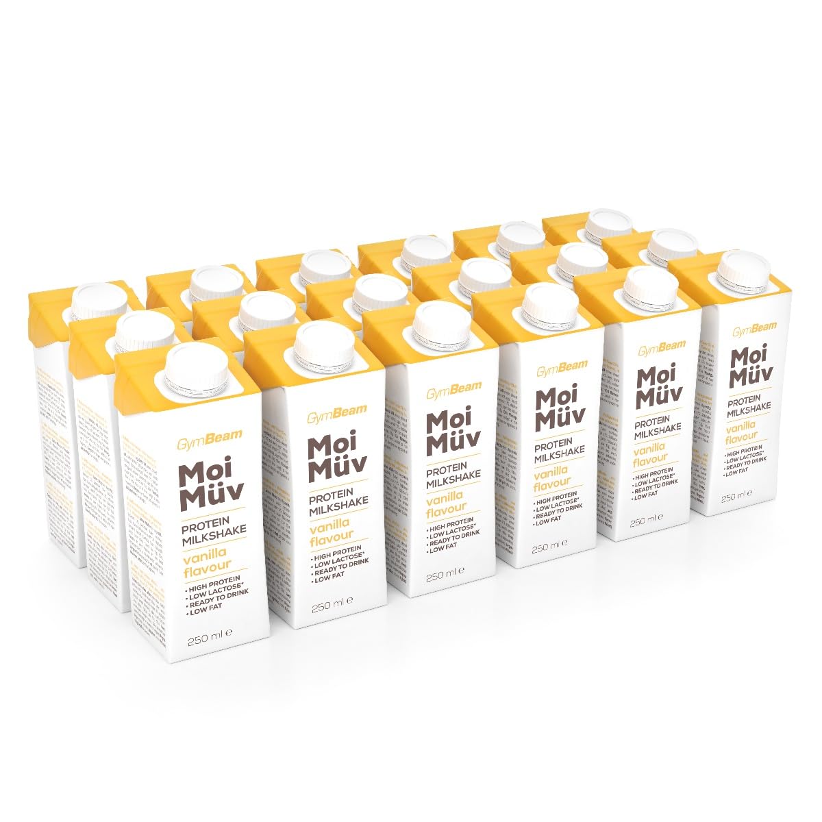 GymBeam MoiMüv Protein Milchshake - Protein Shake mit 25 g Eiweiß, fettarm, niedriger Laktosegehalt, ohne künstliche Süßstoffe, fördert Muskelwachstum (250 ml (18er pack), Vanille)