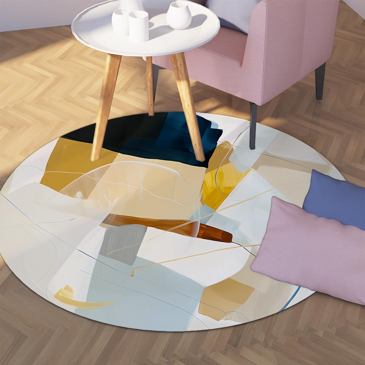 Abstraktes Kunstmuster Bereich Teppich 160cm Rund zeitgenössischer Blau-Gold-Geometrischer Design Küchenbodenmatte waschbare Wohnraumdekoration Akzentteppich für Büro