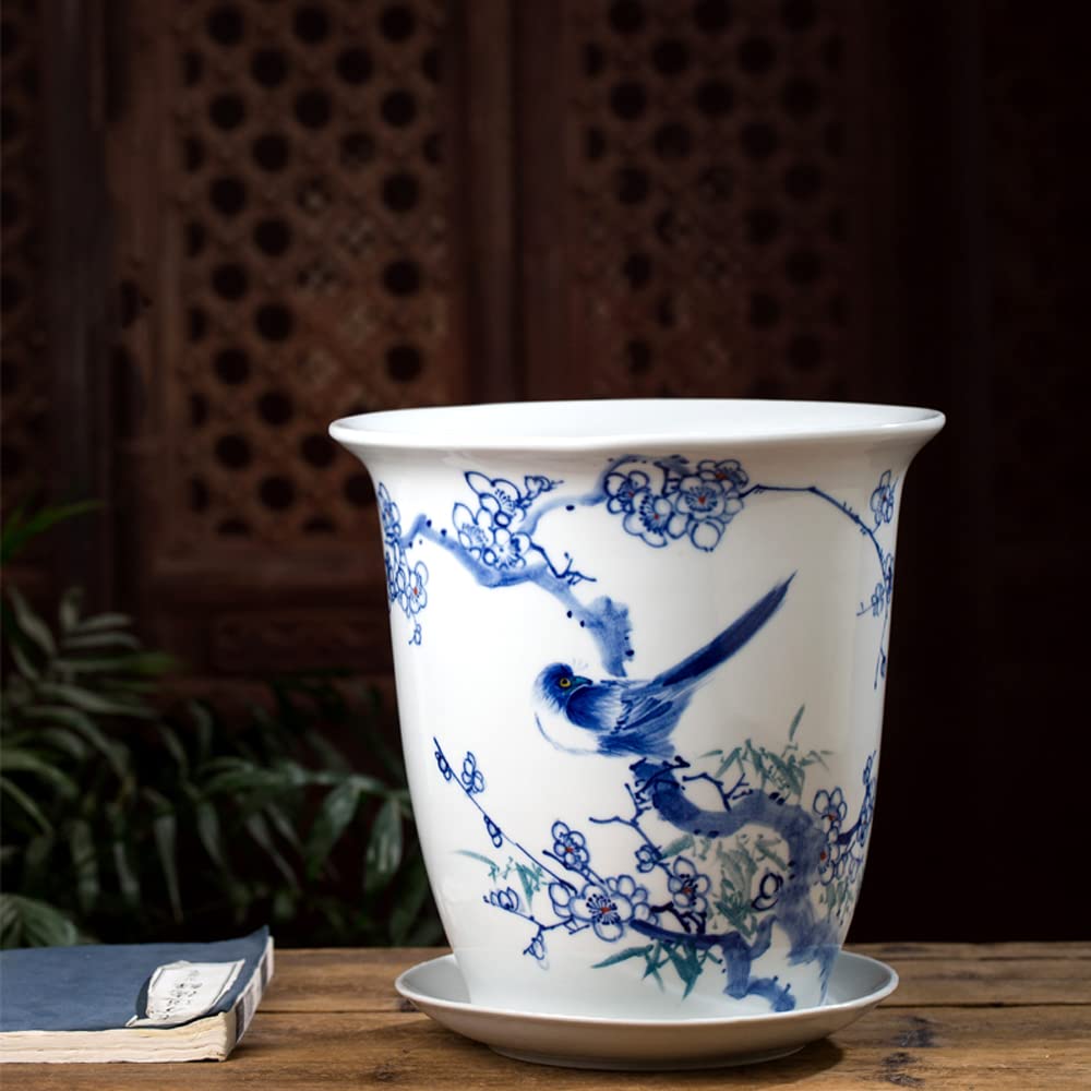 DFGHNBVC Ceramic Flower Pot Chinese Oriental Blue And White Ceramic Flower Plant Pots Indoor With Porcelain Saucer For Garden And Indoor,chinoiserie Flower Pot,E