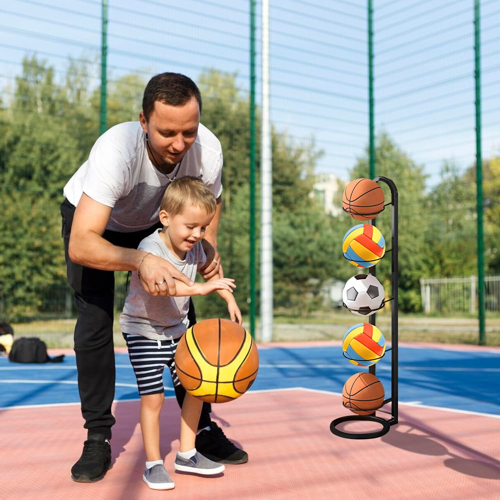 Support Ballon Foot, 5 Niveaux Rangement Ballon en Métal, Verticale Support Ballon Basket, Porte Ballon Basket Organiseur de Basket-Ball, Noir