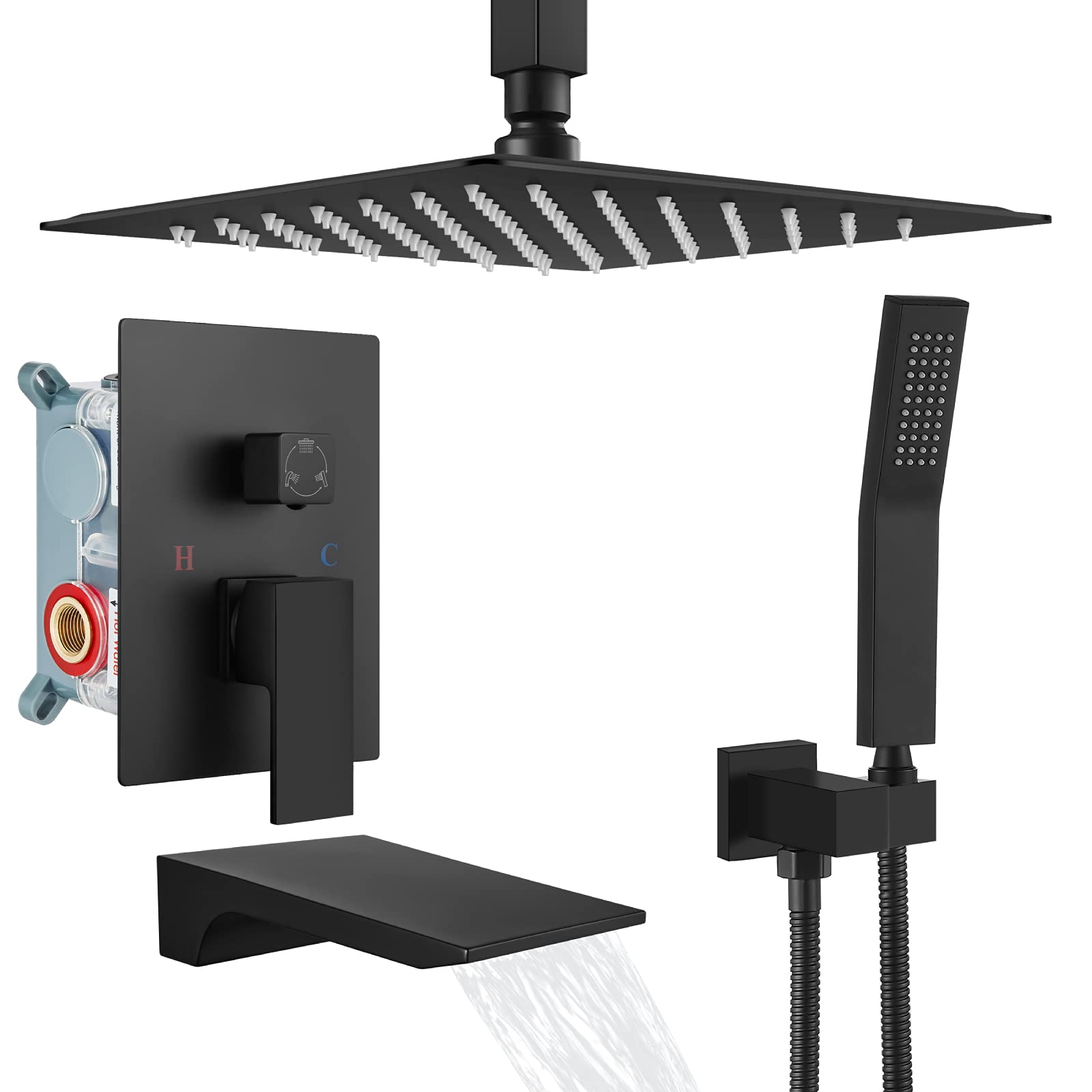 gotonovoRain Mixer Shower Faucet Set Combo with Waterfall Tub Spout Rain Shower System Ceiling Mount Rainfall Shower Head with Handheld Spray Rough-in Valve and Trim Included Matte Black 12''