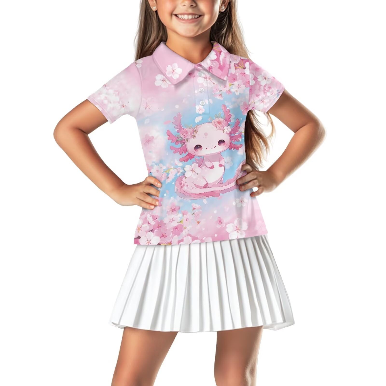 Girls Short Sleeve Golf Shirt 3 Button Up Lapel Collar Tennis Shirts Quick Dry Uniform Athletic Tank Tops for 5-14Y
