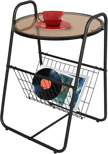ECOMEX Mesa auxiliar redonda con revistero mesa auxiliar de metal con soporte para revistas estante pequeño para tocadiscos para sala de estar