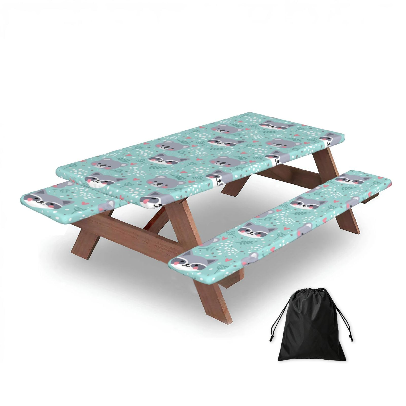 Dopklna As Picture Raccoon And Koala, Picnic Table Cover With Bench Covers -Waterproof Elastic Fitted Tablecloth For Garden Camping Patio 76X152cm