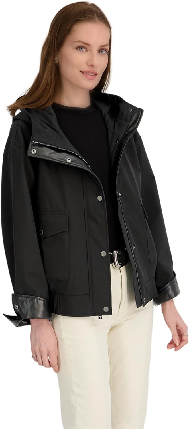 TAHARI Women's Leone Hooded Rain Bomber – Water-resistant Softshell Jacket Patch Pockets