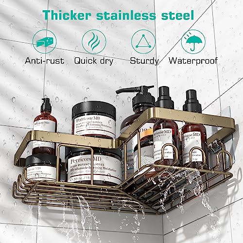Yasonic Corner Shower Caddy, 3-Pack Adhesive Shower Caddy With Soap Holder And 12 Hooks, Rustproof Stainless Steel Bathroom Shower Organizer, No Drilling Wall Mounted Shower Rack, For Bathroom, Brown #TOP2
