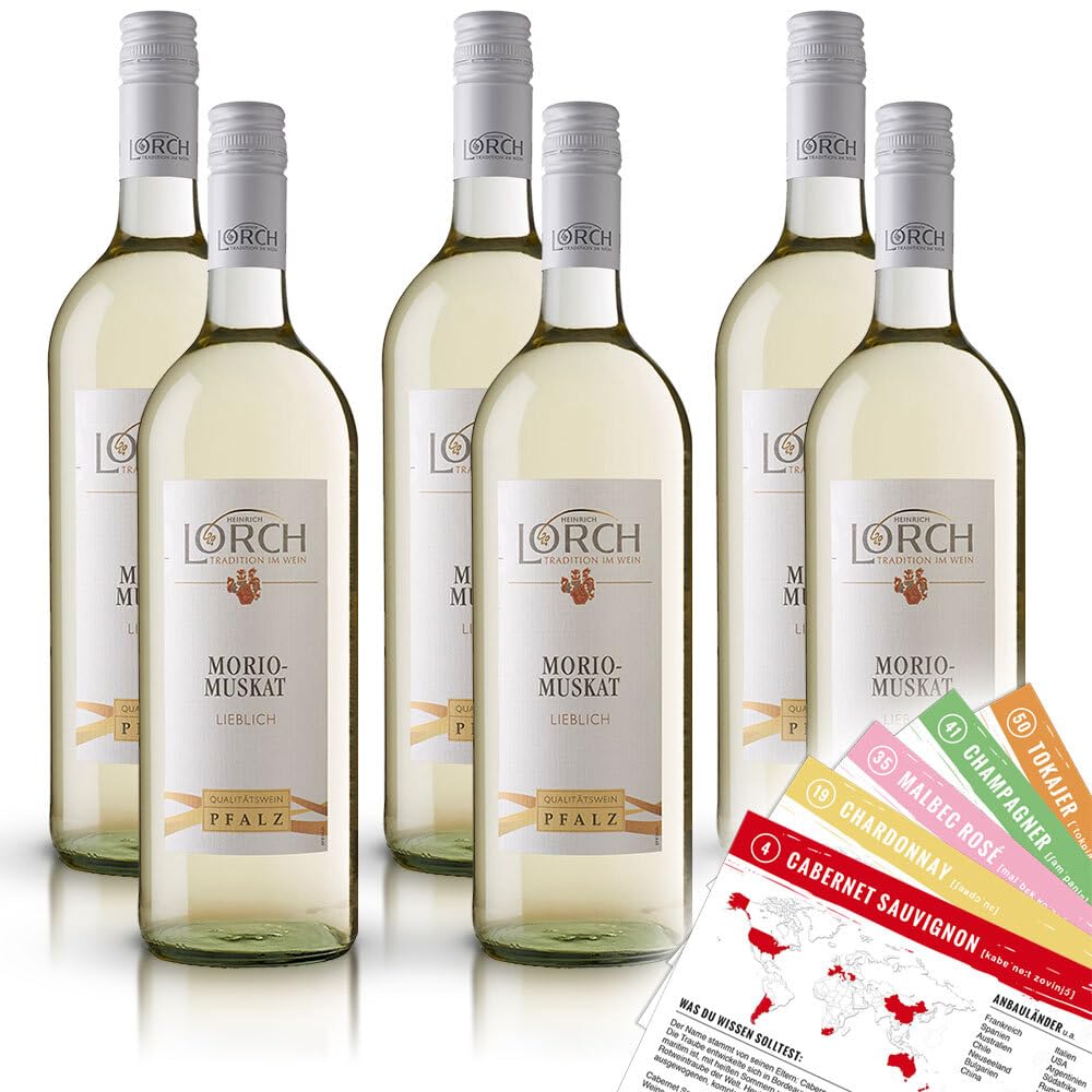 Lorch Morio Muskat QbA, lieblich, sortenreines Weinpaket + VINOX Winecards (6x1,0l)