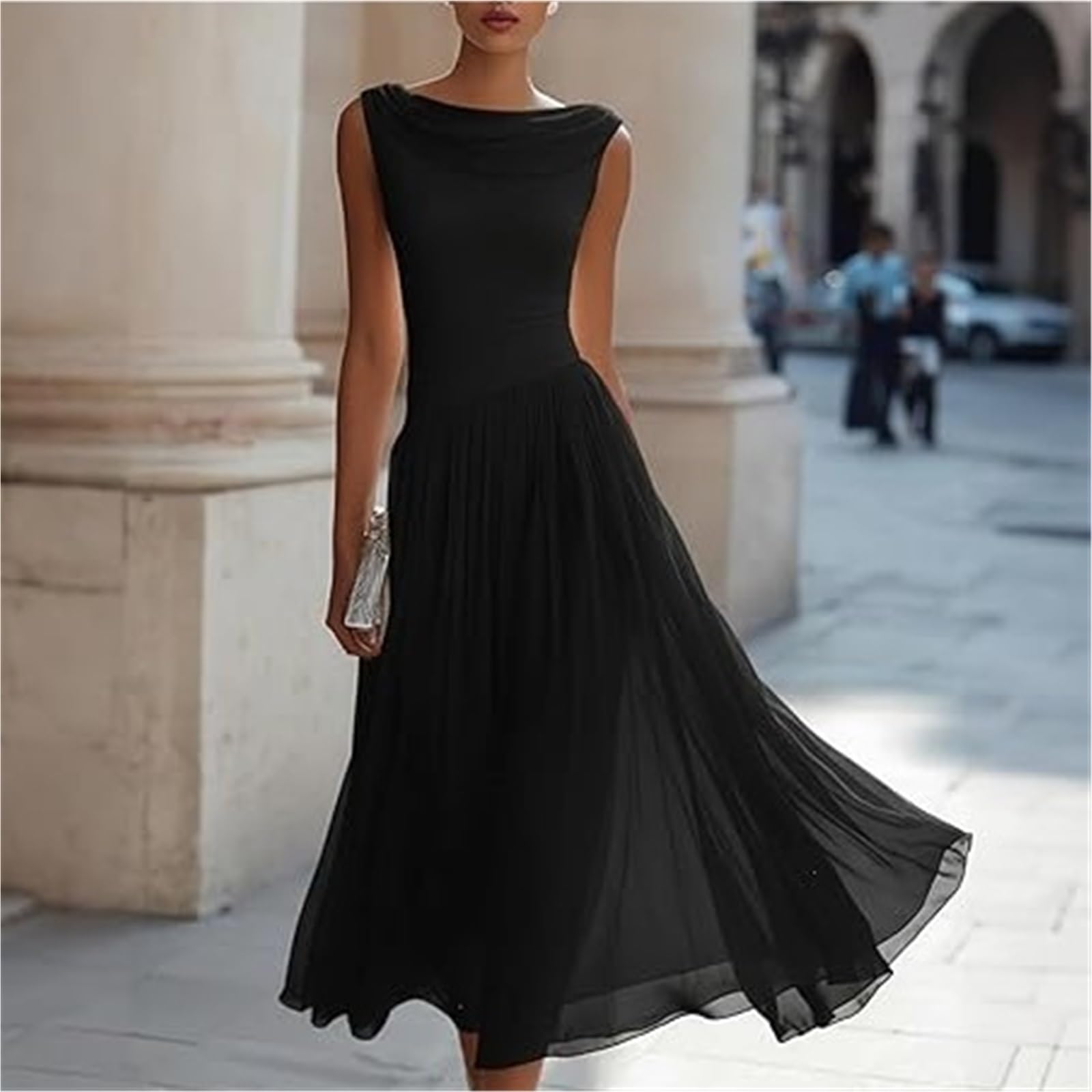 Abito Midi in Chiffon con Scollo Drappeggiato Abito Longuette in Chiffon con Collo Drappeggiato, Abiti da Cerimonia Nuziale Senza Maniche ad Anello, Abito Maxi Elegante e Fluido