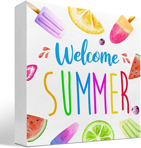 Letrero de madera de verano, letrero de bloque de madera de bienvenida para el hogar, dormitorio, oficina, granja, estante, decoración de escritorio