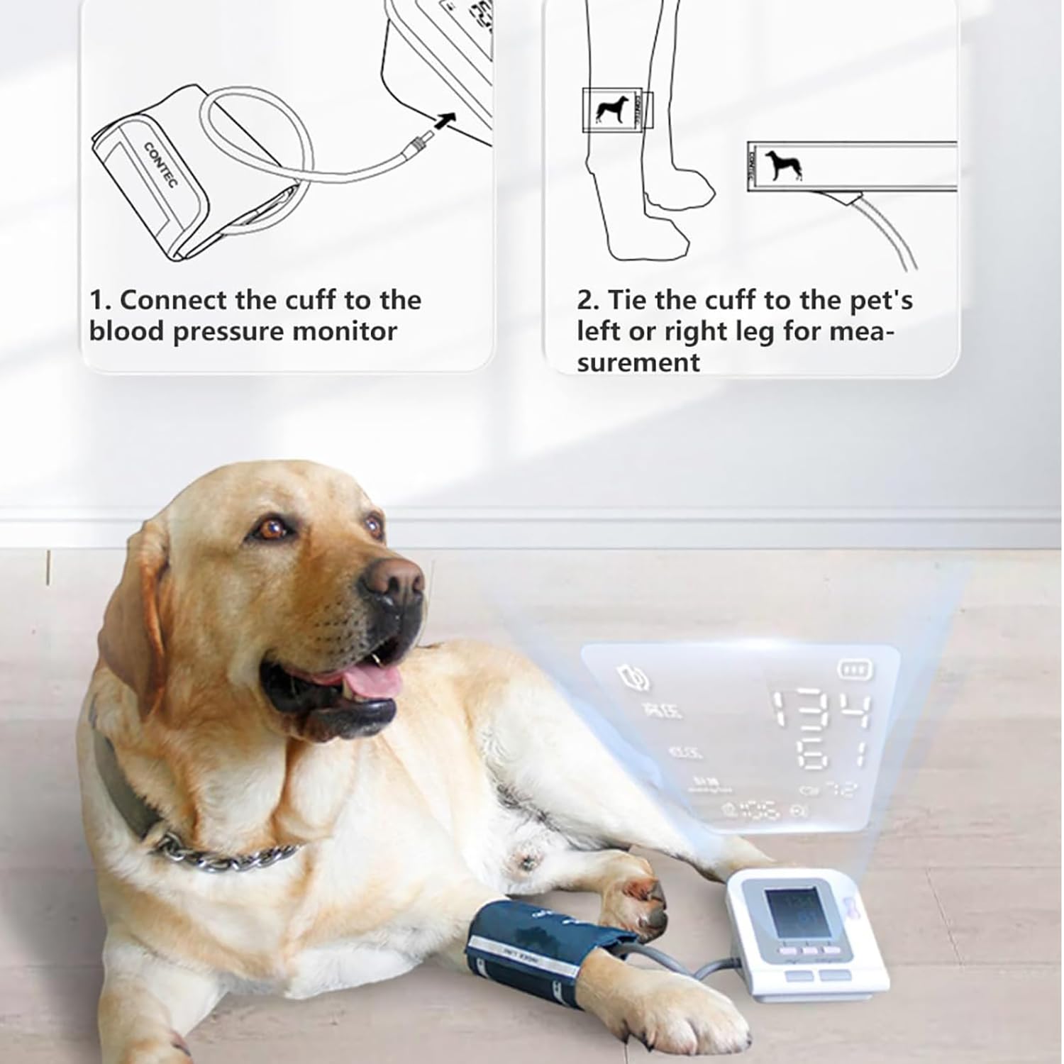 Tensiómetro Veterinario, esfigmomanómetro electrónico Digital Veterinario con 3 Modos y 3 Manguitos, Pantalla LCD de 2,8 Pulgadas y Memoria de 100 Conjuntos de Datos