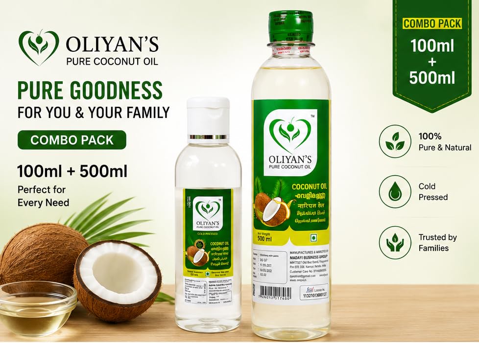 Image of OLIYANS Cold Pressed Coconut Oil Combo Pack (100ml + 500ml) | Multipurpose Oil for Daily Use | Total 600ml