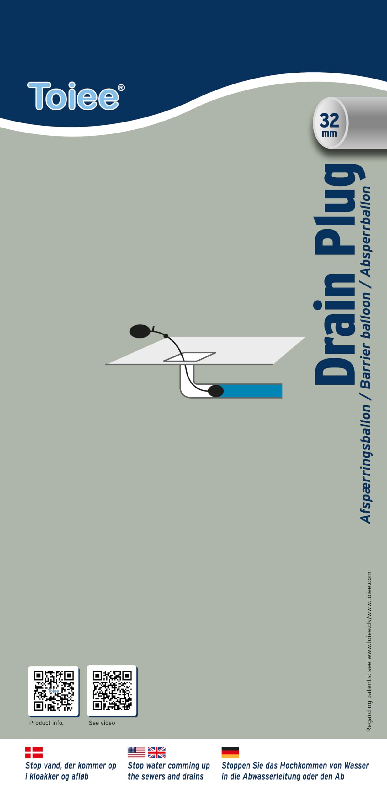 Drain Plug (32 mm). Aufblasbarer Rohrstopfen, Rohrverschluss. Der Toiee Drain Plug mit Pumpe, 85cm Schlauch und Ballon. Stoppen Sie das Hochkommen von Wasser in die Abwasserleitung oder Abfluss
