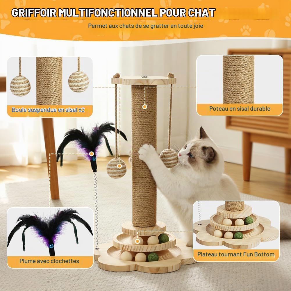 Vicloon Poteau Griffoir, 40cm Colonne à Griffer, Poteau Griffoir en Sisal 4 en 1, Griffoir pour Chat avec Boules en Bois, Boules en Sisal Suspendues, Plumes, pour Chat Facile à Assembler