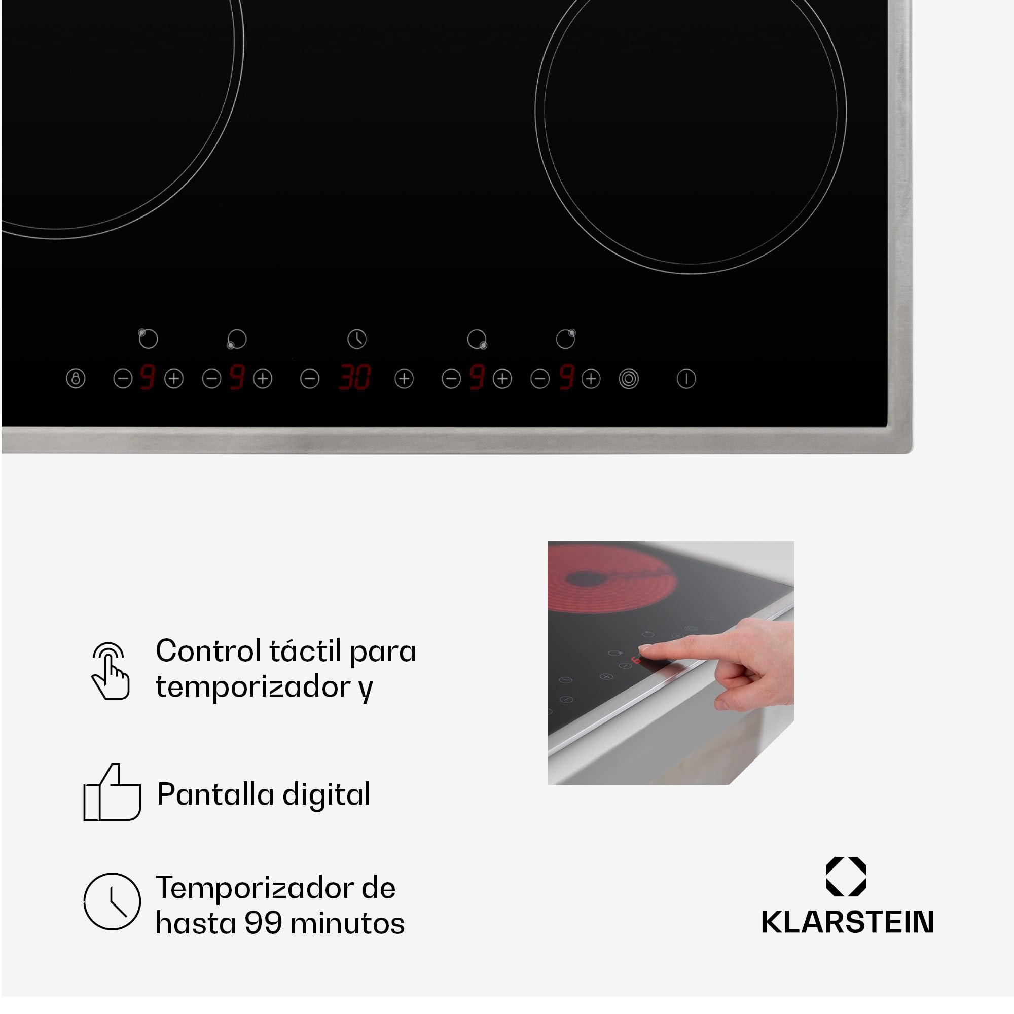 Klarstein Płyta ze szkła ceramicznego, Płyta do zabudowy z 4 polami, 6500 W elektryczna do gotowania, Nowoczesna ceramiczna, ceramiczna z 4 polami, do zabudowy