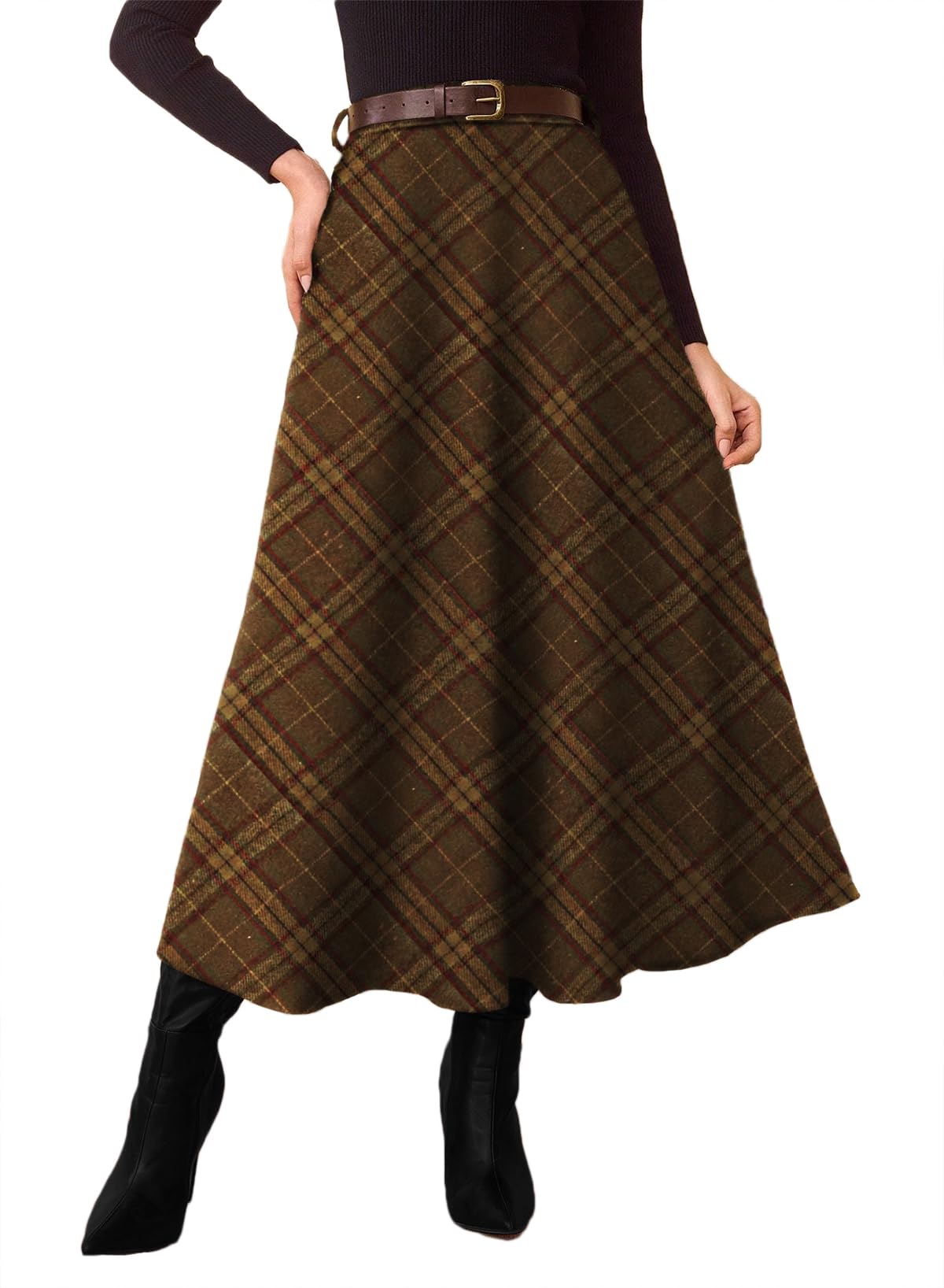 Pink Queen Plaid Skirts for Women 2026 Flared Vintage High Waist A Line Midi Tartan Skirts with Pockets