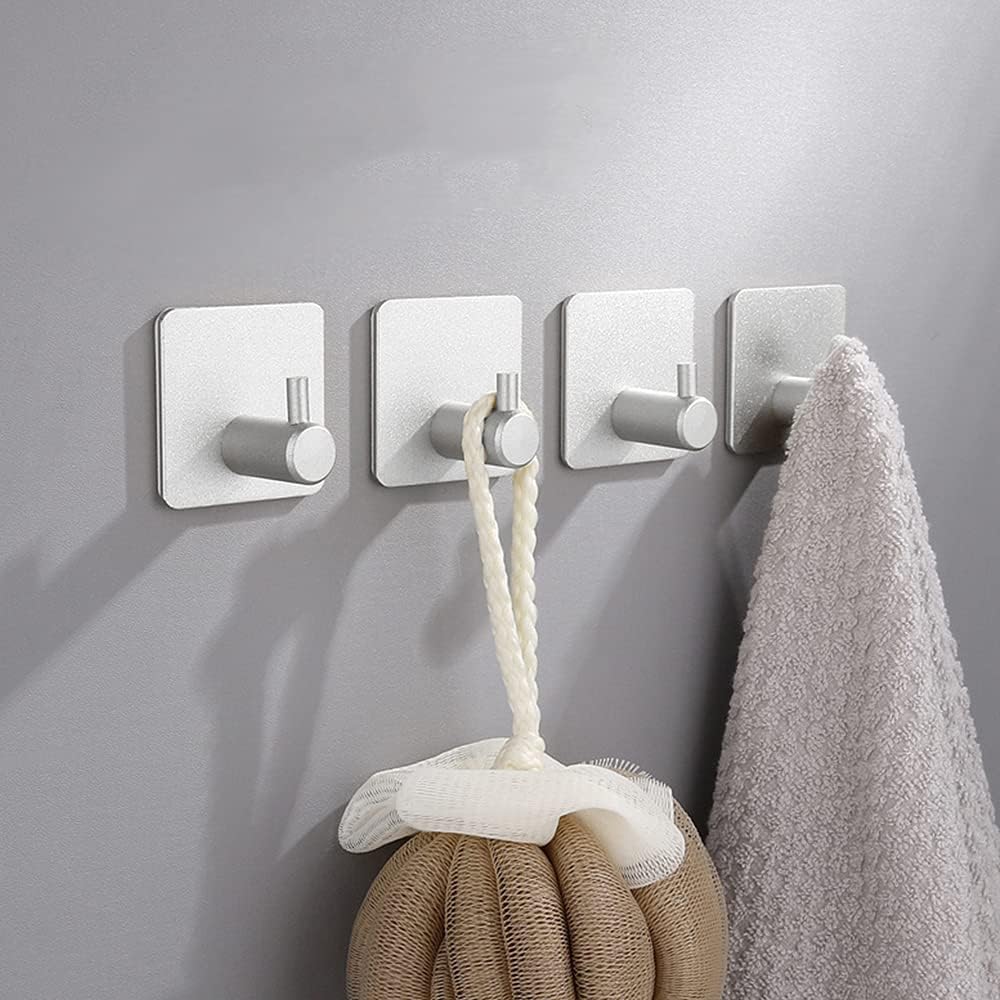 LACKINGONE 4 PCS Self Adhesive Hooks, Silver Stainless Steel Coat Hooks, Punch-Free Antirust Hooks