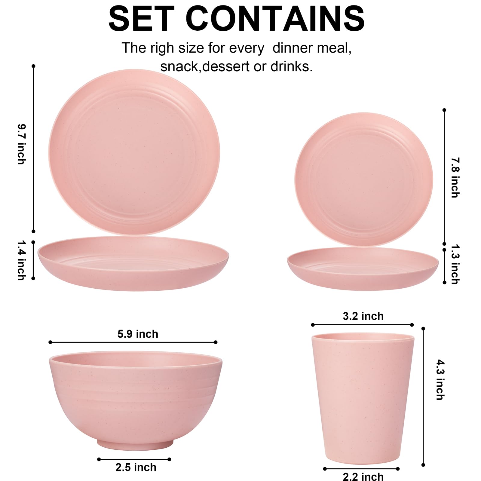 Rubtlamp 16Pcs Plastic Wheat Straw Dinnerware Set, Reusable Plastic Plate Set for 4, Kitchen Plates And Bowls Set (Pink) Include Dinner Platos, Dessert Platos, Cereal Bowls, Cups for Daily, Camping