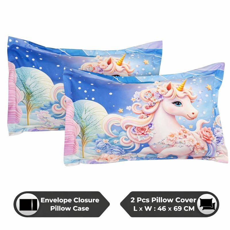 Image of Akshya 7D Bedsheet for Double Bed Falt Bedsheet with 2 Pillow Covers, 300TC, Premium Glace Cotton, Pink Unicorn Cartoon Print, 254 cm x 228 cm