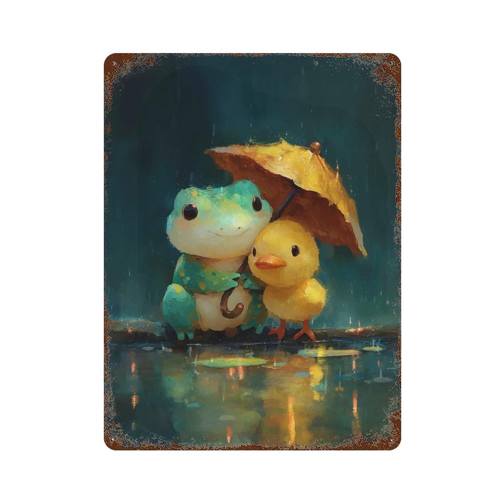 Garage Style Frog And Duckling Under Umbrella in Rain Decorative Tin Sign 15.7"x11.8", Industrial Home Decor for Bar And Workshop