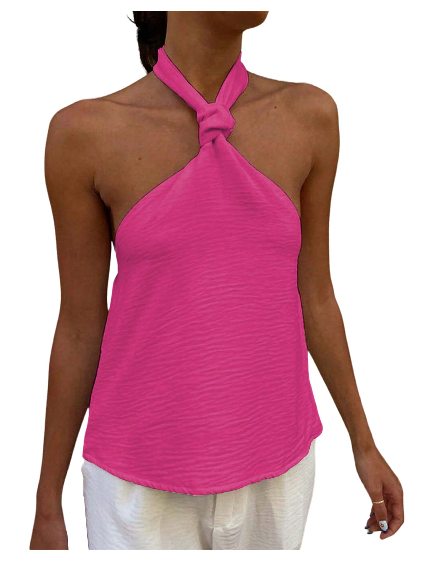 Women's Halter Tops Criss Cross Backless Cute Going Out Tops Sleeveless Tie Casual Textured Shirt