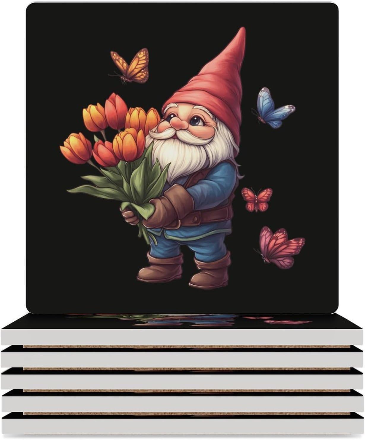 Gnome Flower Butterfly Coasters for Drinks Square Table Coasters Set Cup Mats with Cork Base
