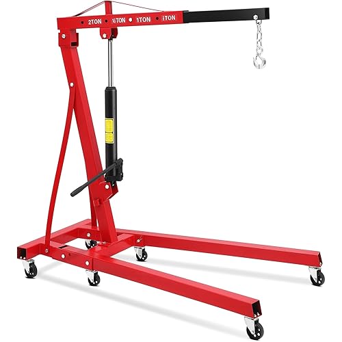 2 Ton Engine Hoist, Hydraulic Cherry Picker Engine Hoist Lift, 4400LBS Heavy Duty Crane Lifter with 6 Casters and Telescopic Boom, Foldable & Portable Design, for Garage, Workshop, Warehouse (Red)