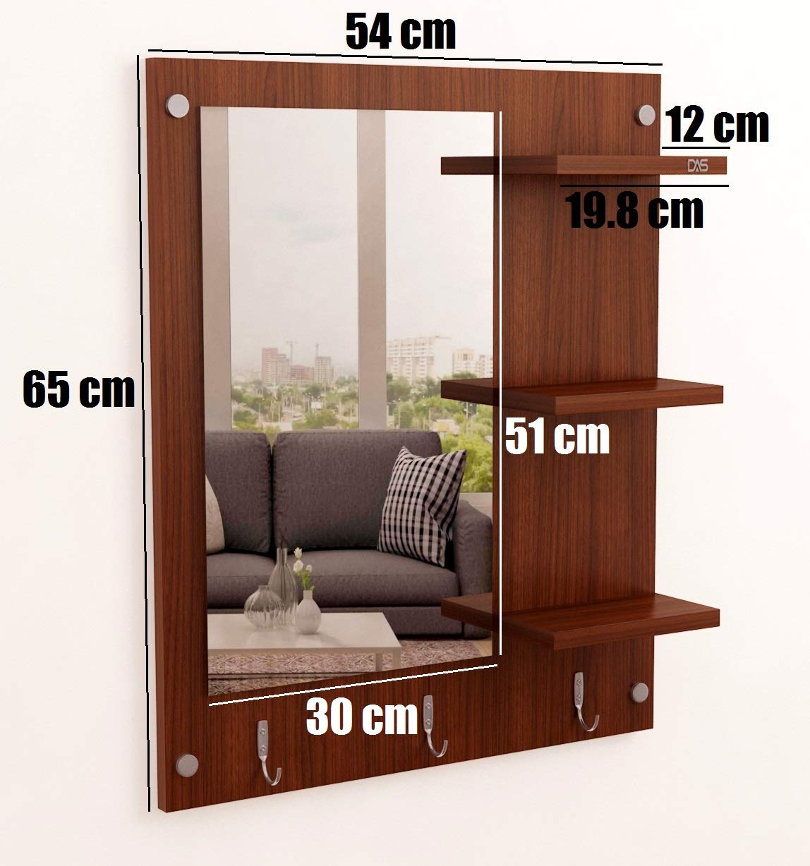 DAS Wool & Wool Blend Wall Mount Makeup Vanity Dressing Mirror/Glass/Table and Multipurpose Rack Shelves with Elegant Double Stainless Steel Hooks (Classic Walnut)- Evelyn 3