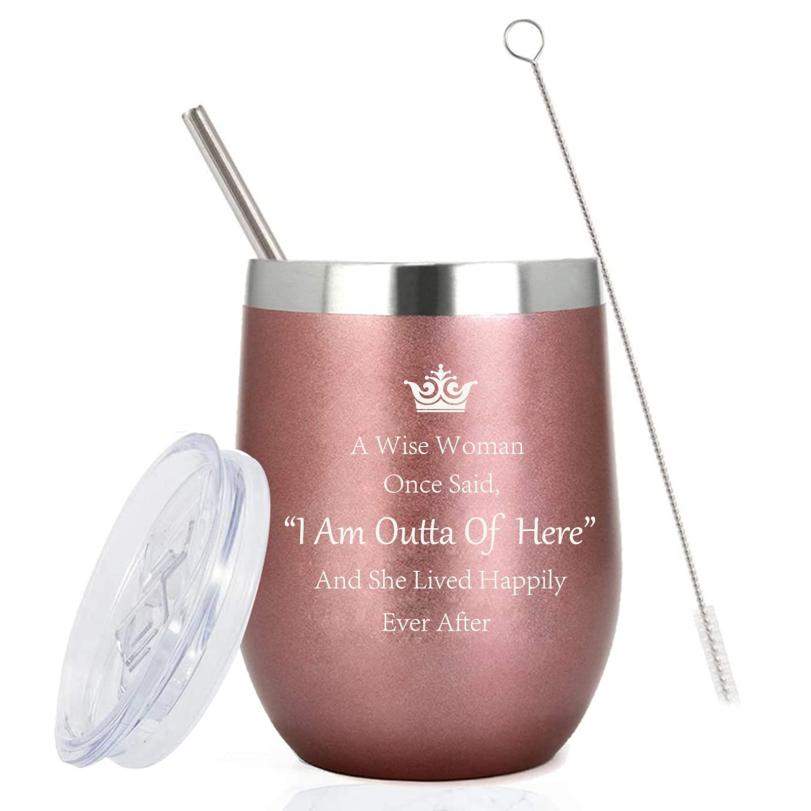 Funny Retirement Gifts for Women-A Wise Woman Once Said I'm Outta Here 12oz Insulated Wine Tumbler with Sayings Farewell Gifts Encouragement Gifts Going Away Gift for Coworker Sister Friends Rose Gold