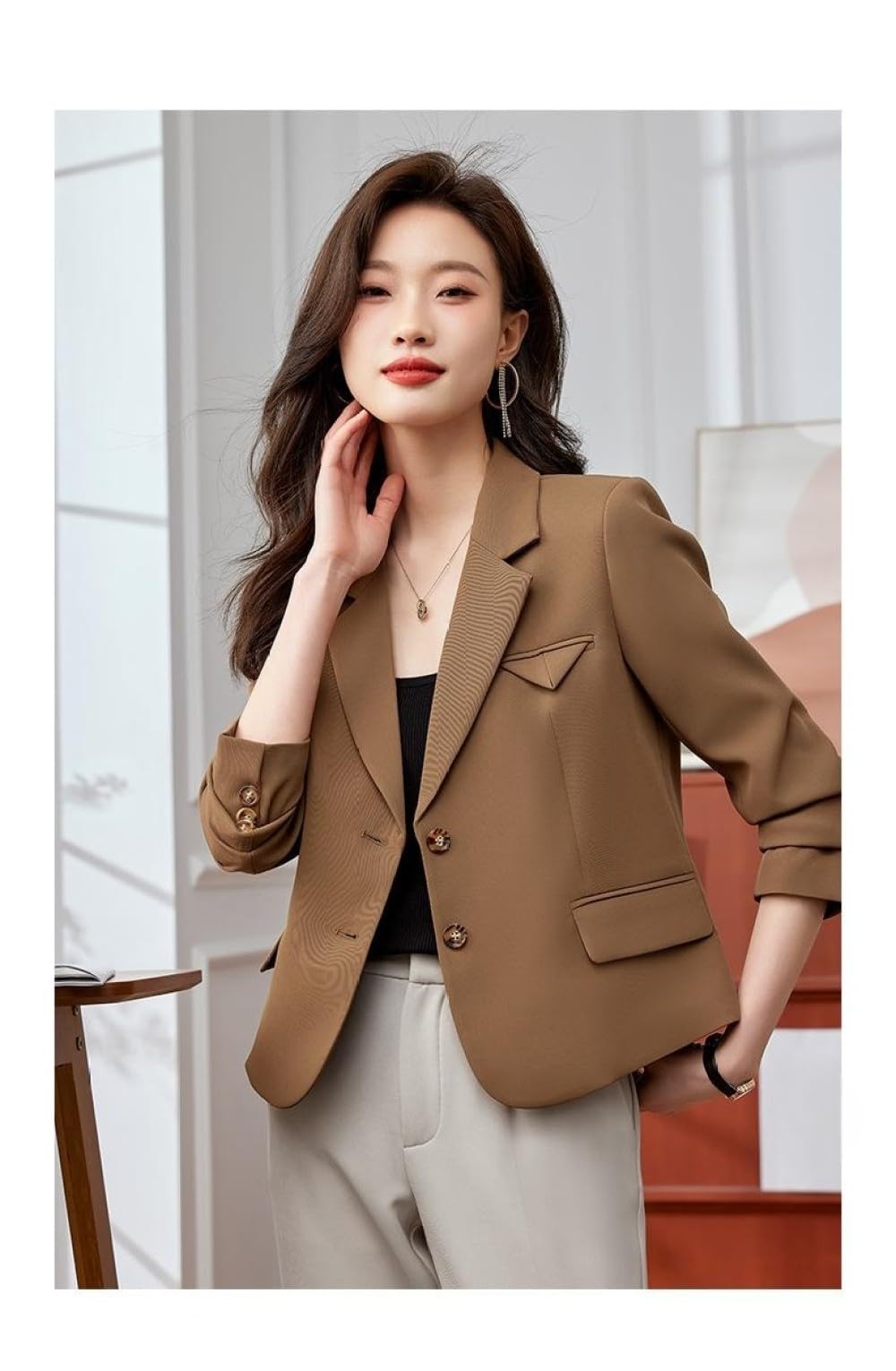Blaser Jacke Damen,Damen-Blazer Mit Langen Ärmeln, Gekerbtes Revers, Lässige Strickjacke Mit Offener Vorderseite, Beige, Weiße Dreieckige Taschen, Knöpfe, Mantel, Abendanzugjacken, Business-Smar