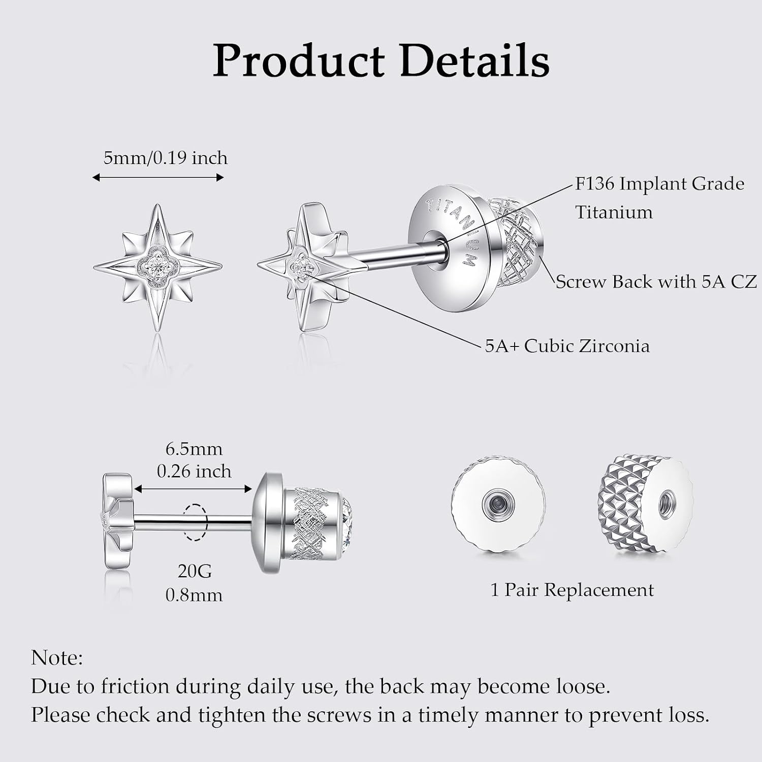 Limerencia Titanium Flat Back Screw Back Stud Earrings for Women Men