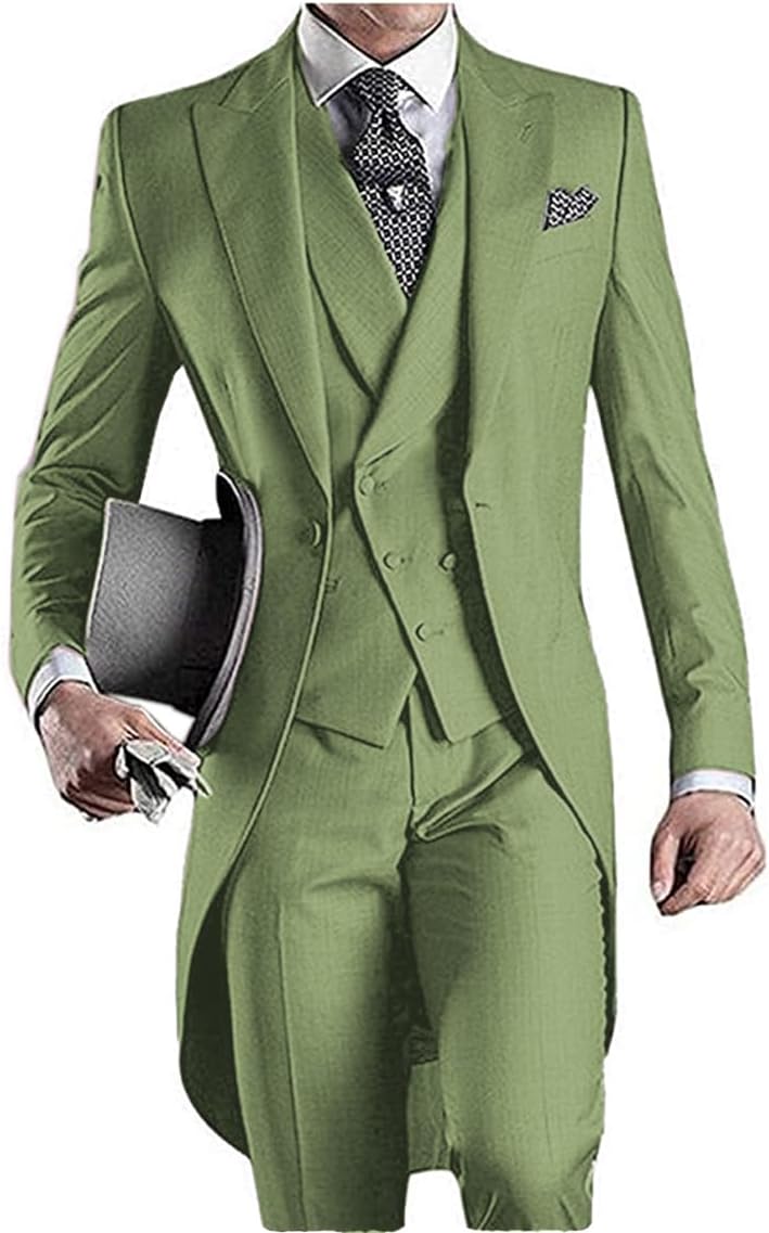 Men's Suits Regular Fit 3 Piece Formal One Buttown Prom Tuxedos Tail Coat Wedding Groomsmen(Blazer+Vest+Pants)