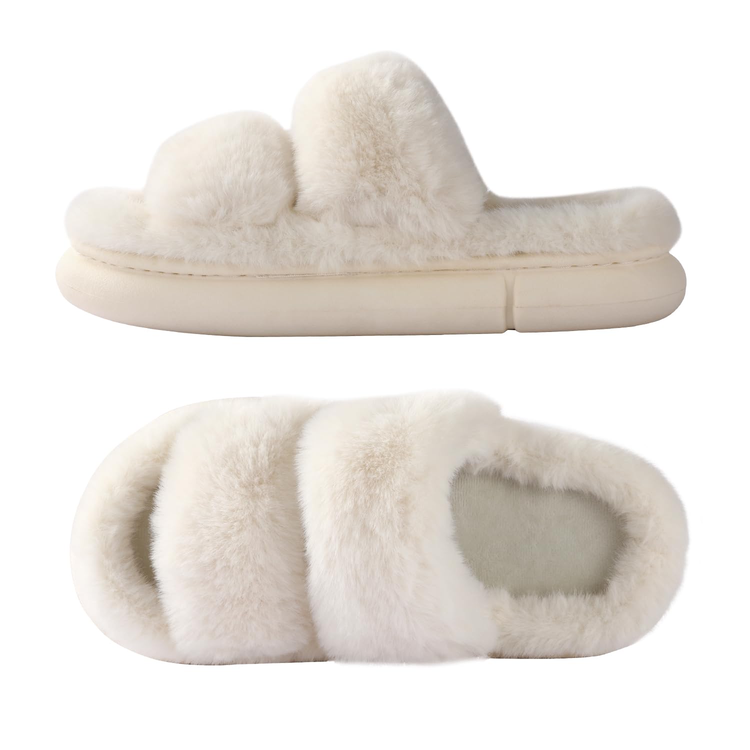Ankis Fuzzy Slippers for Women - Ultra-Soft Skin-friendly Dual-Strap Furry Slippers EVA Cushioned Non-Slip Sole Cozy Memory Foam