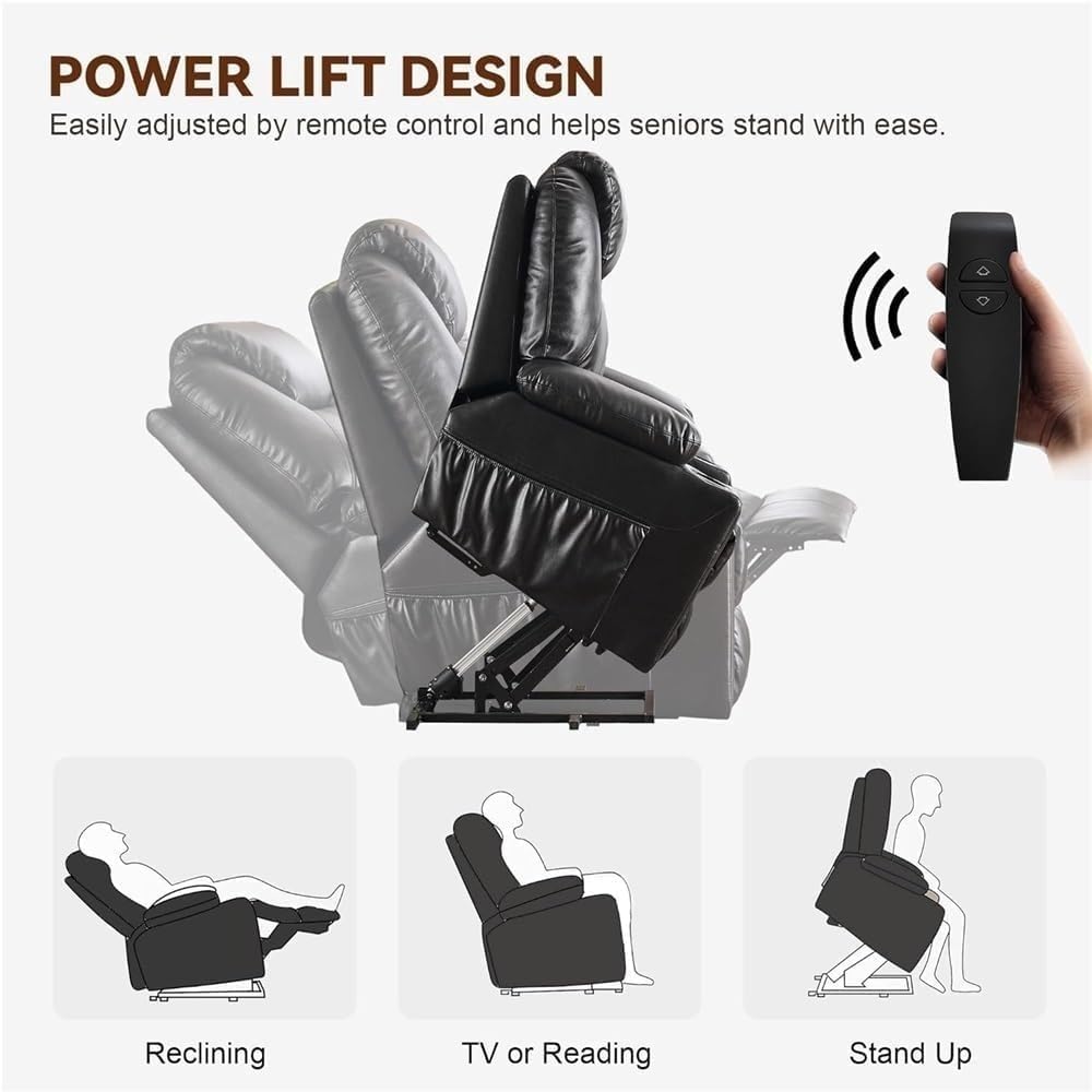 Recliner Sofa Power Lift Chair PU Leather Adjustable Lay Flat Heat Massage Adults Elderly Living Room