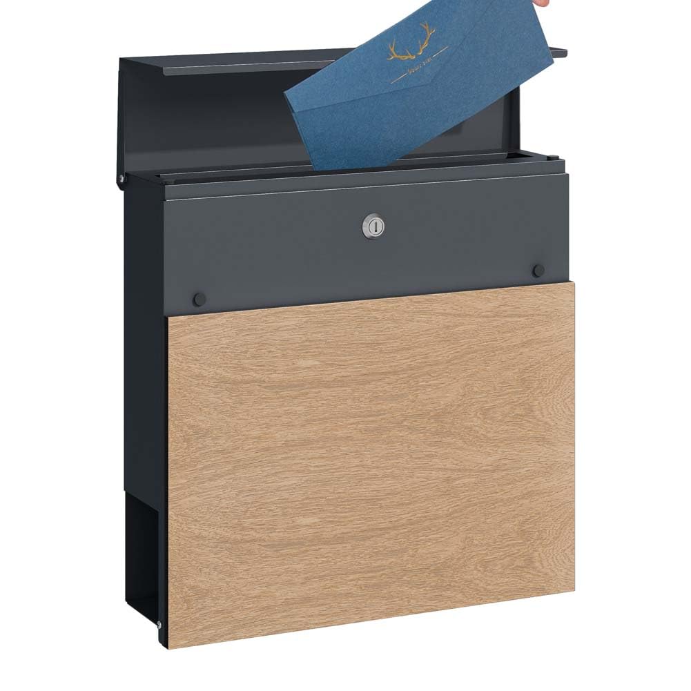 SCHARTEC Buzón SPB-6 de madera, diseño claro y antracita, con compartimento para periódicos, moderno y grande, buzón de pared