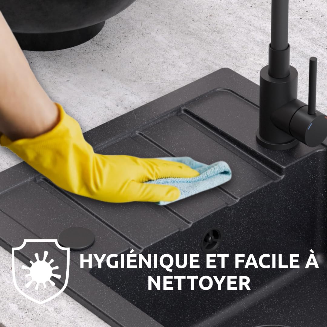 QUADRON Evier granit | Taille 77 x 44 x 17,6 cm Très Noir | GO MAX cuisine