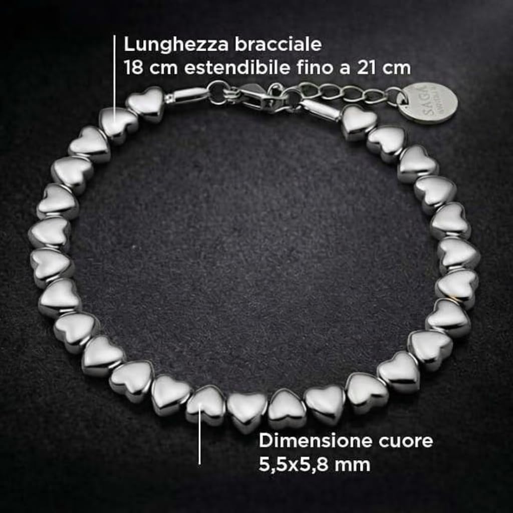 SAGA GIOIELLI® Bracciale donna cuori in Acciaio Inox - Regalo donna Fidanzata Moglie Acciaio - Confezione Regalo - Regalo San Valentino
