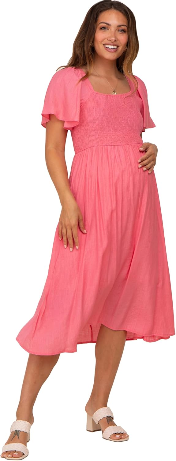 PinkBlush Smocked Square Neck Flutter Short Sleeve Maternity Midi Dress