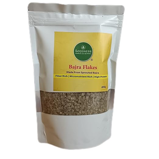 Goodness Farm - Bajra Flakes/Pearl Millet Flakes (400g)| Millet Cereal| Sprouted Millet Flakes| Millet Poha| Gluten free| Diabetic friendly| No refined sugar| No preservatives| Travel food