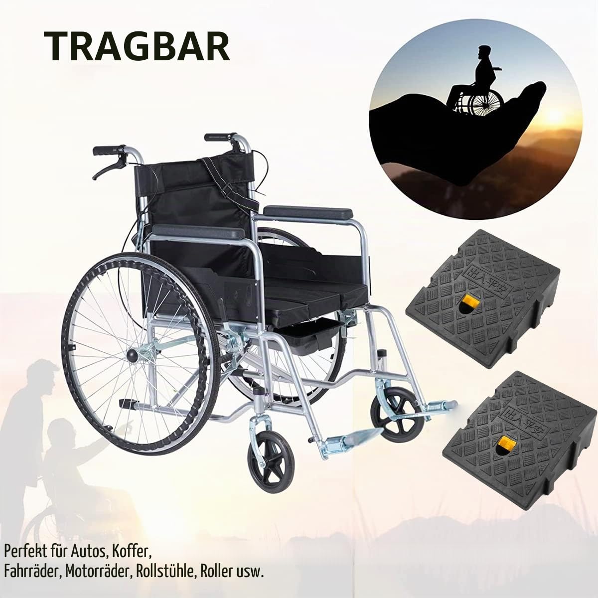 JAHOMFAI Bordsteinrampen, Aus Robustem Kunststoff, 2 Stück Tragbar Rampe Rollstuhl Türschwellenrampe für Auffahrt, Gehweg, Motorrad, Roller, Autos, mit 2 Erweiterungsbolzen(Schwarz 27 x 25 x 11 cm)