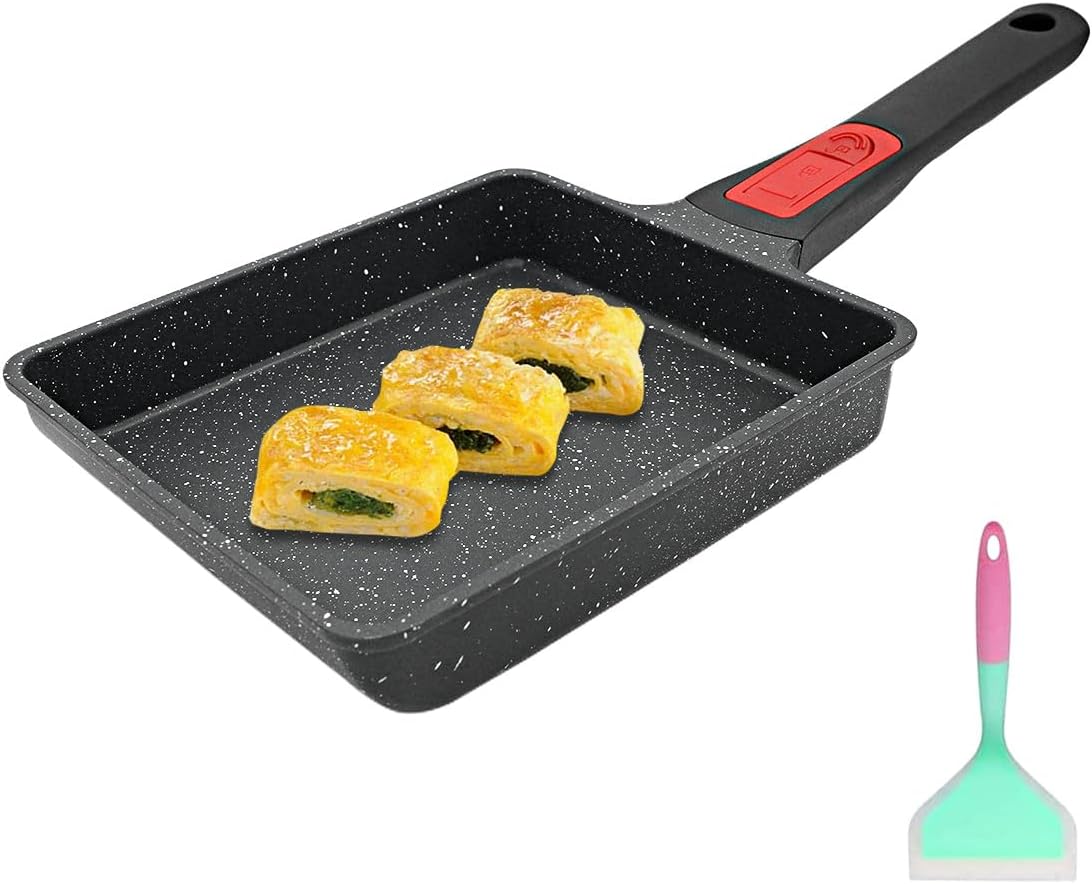 AIKENBBKK Tamagoyaki Pan Keramiek, Japanse omelet Pan Nonstick, Japanse eierpan, vierkante eierpan, inductie-klaar, afneembaar handvat, met siliconen spatel, PFAS & PFOA-vrij, ovenbestendig, blauw