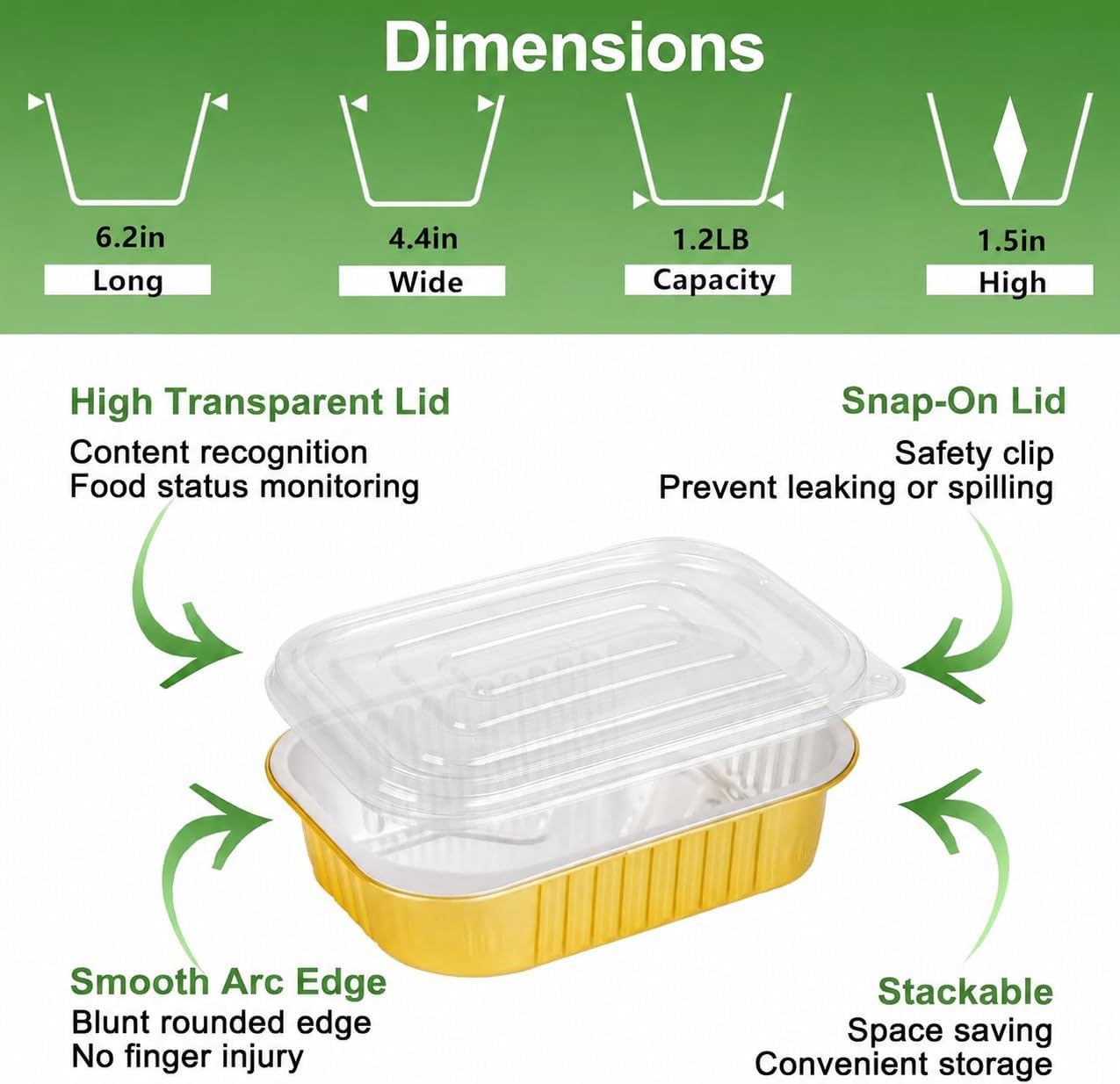 40 Pack Gold Aluminum Foil Pans with Lids, 1.2 LB Heavy Duty Containers | Double-thick gold foil pans with clear lids. Durable, leak-resistant containers for meal prep, freezer storage and takeout.