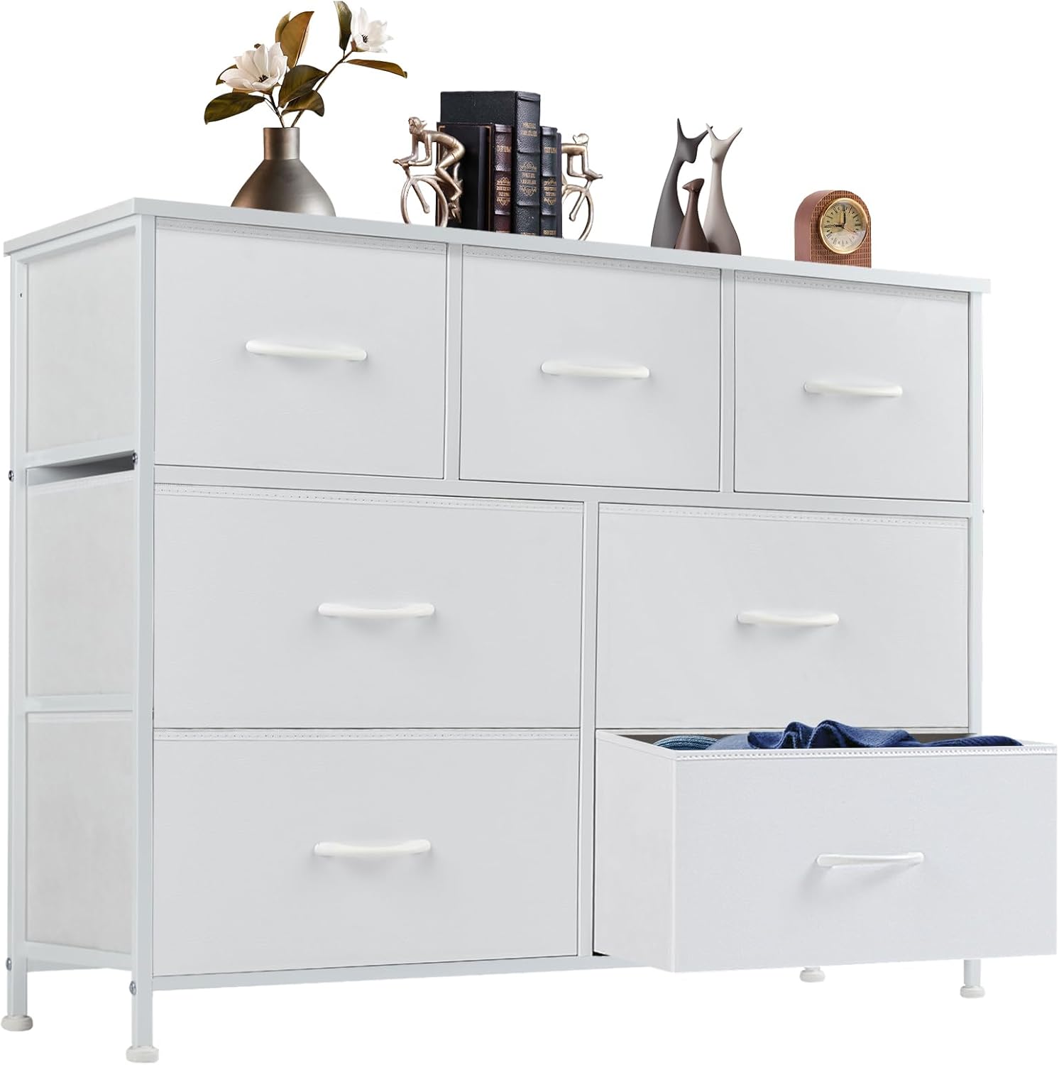 DUMOS 7-Drawer Dresser with Fabric Bins, Wooden Top
