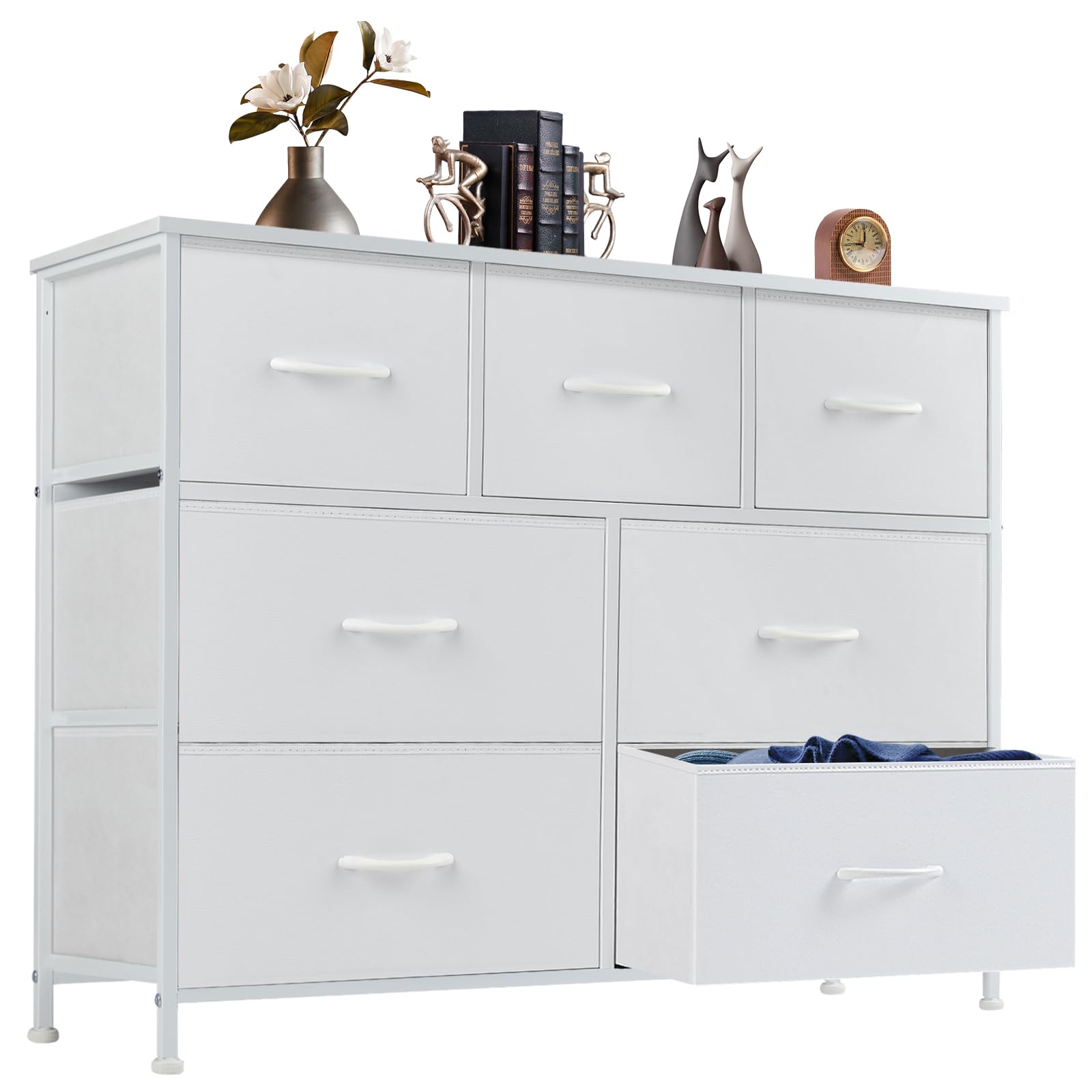 ANTONIA Dresser for Bedroom with 7 Drawers, Storage Organizer Units Furniture, Chest Tower TV Stand with Fabric Bins, Metal Frame, Wooden Top for Nursery, Living Room, Kidsroom, Closet, White
