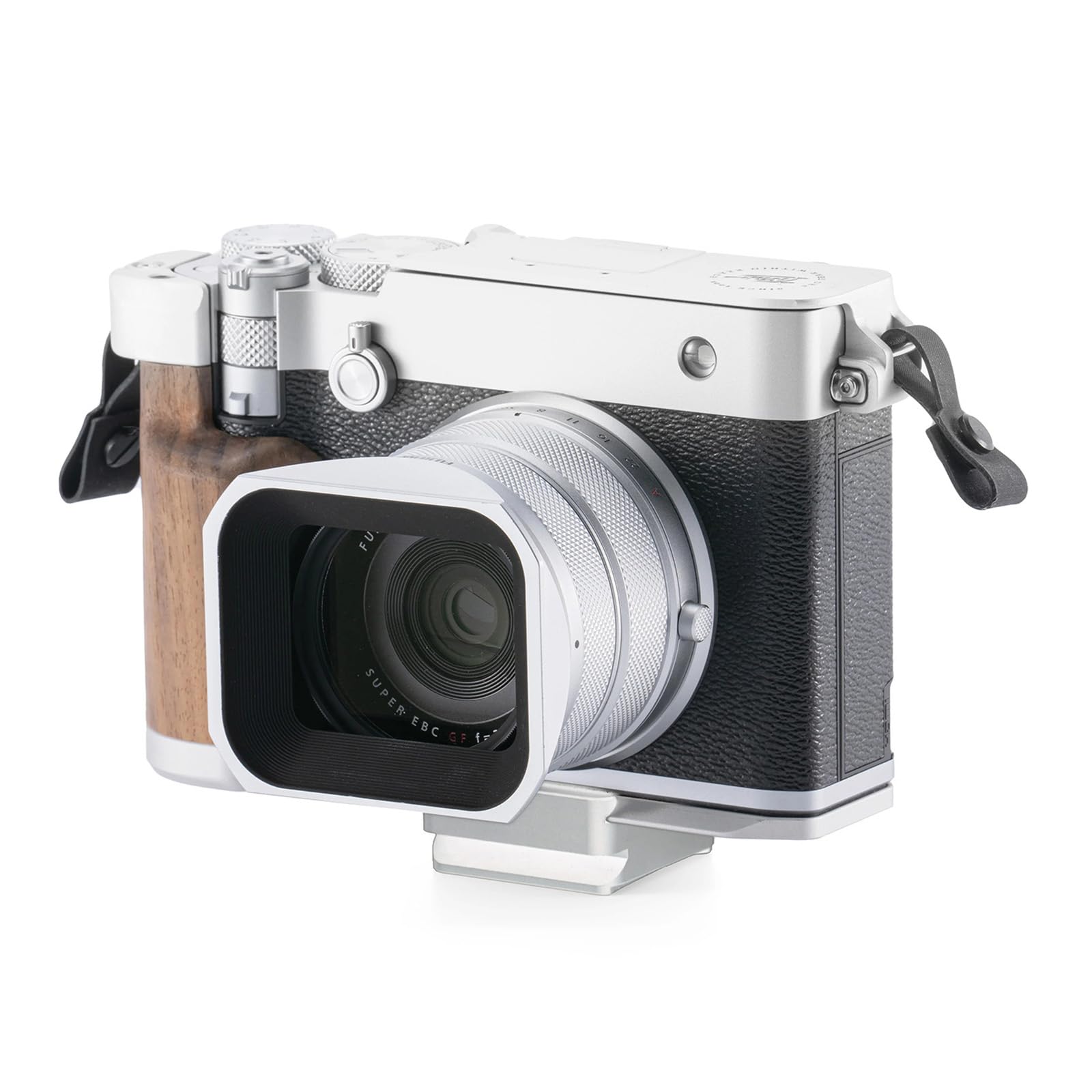 Tilta GFX100RF Cage, gabbia per fotocamera vintage compatibile con il kit da viaggio GFX100RF con piastra Hot Shoe, Adattatore ARCA e base di montaggio con impugnatura in legno - Argento TA-T81-B-S