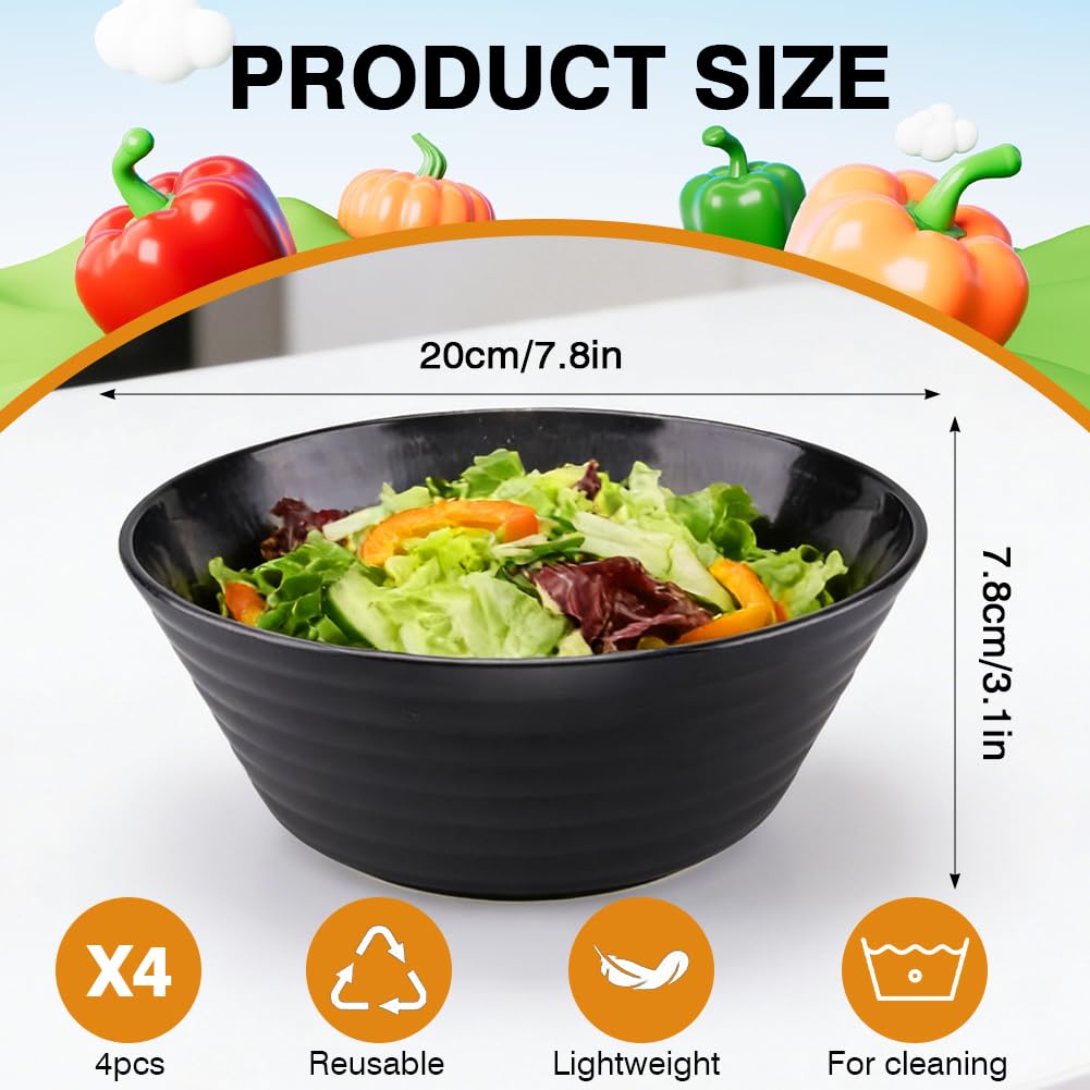 Ciotola grande da 20 cm, colore nero, ciotola per cereali, ciotole in plastica, grande capacità, ciotole per insalata in plastica, ciotole per cereali per bambini, adatte al forno a