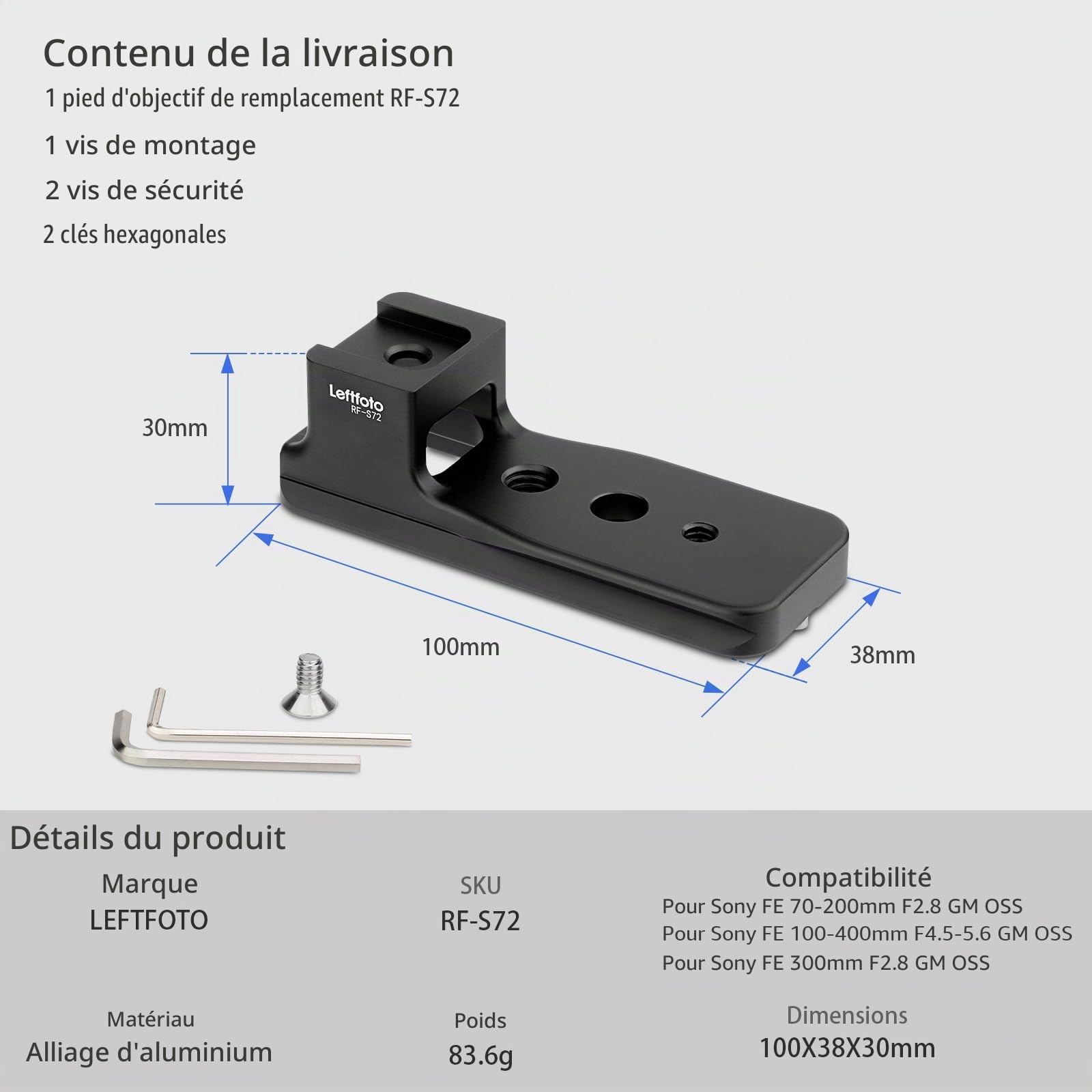 LEFTFOTO Pied d'objectif de rechange pour Sony FE 70-200 mm F2.8 GM OSS/FE 100-400 mm F4.5-5.6 GM OSS (SEL-100400GM) /FE 300 mm F2.8 GM OSS (SEL300F28GM) Bague de fixation pour trépied avec plaque