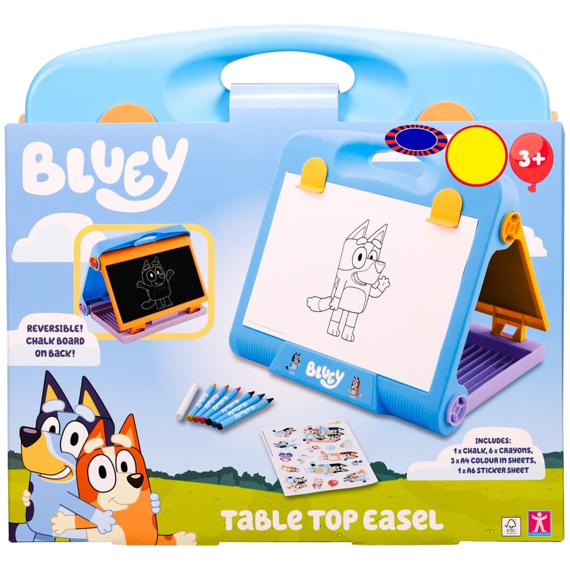 YKM'S Bluey Table Top Easel 2-in-1 Chalk Drawing Board Kids Art Set Crayons Colouring Sheets Stickers Foldable Creative Toy