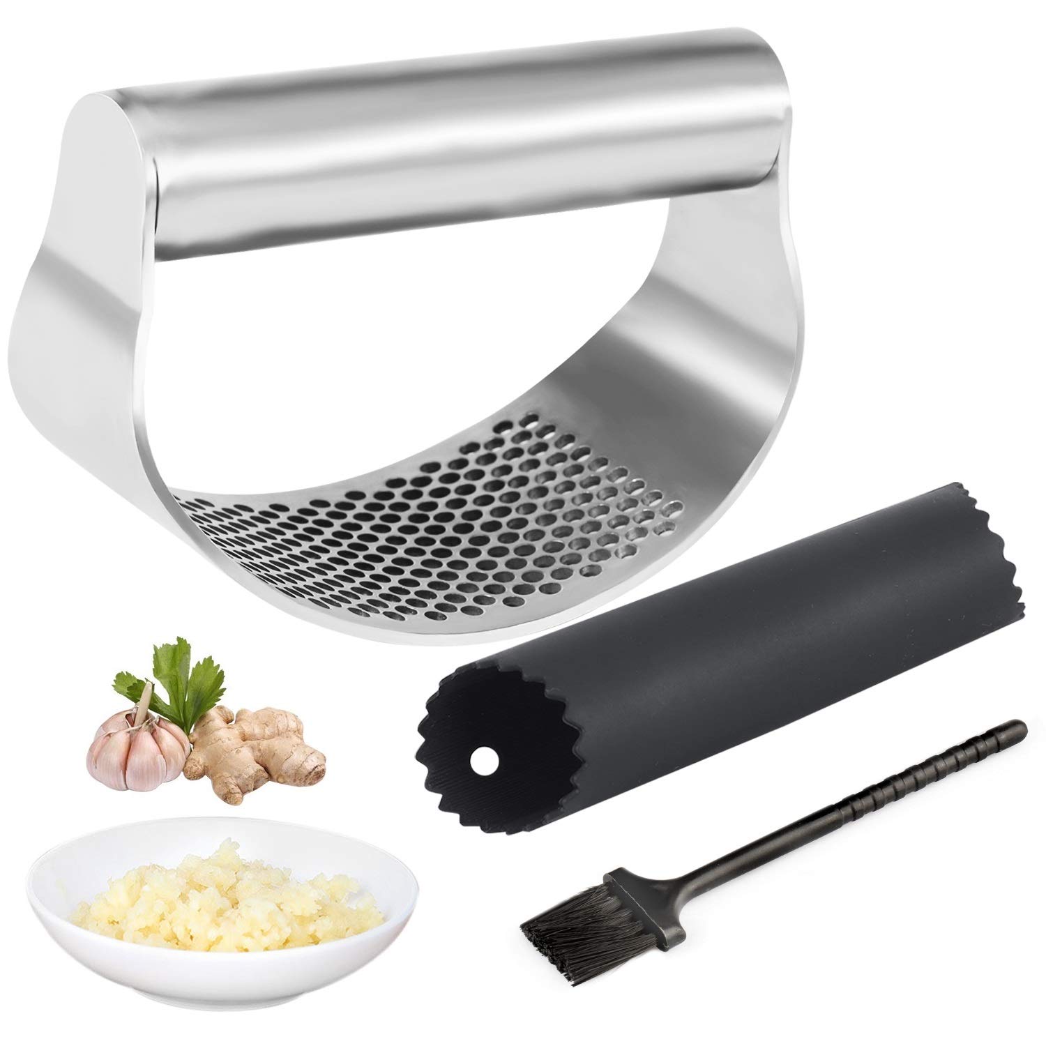 Aieruma Garlic Press Rocker, Stainless Steel Garlic Crusher Garlic Mincer Presses and Ginger Press Squeezer with Silicone Garlic Peeler + Clean Brush, Kitchen Gadget, Easy to Use & Clean【2020 Upgrade】